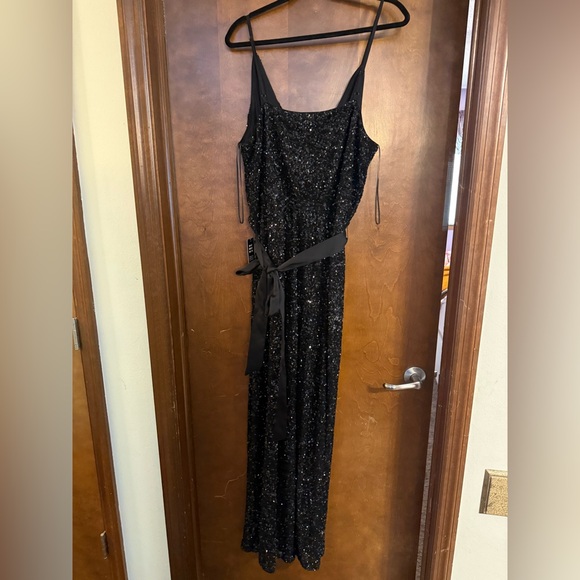 Express BARE SURPLICE TIE WAIST SEQUIN JUMPSUIT - Picture 7 of 7